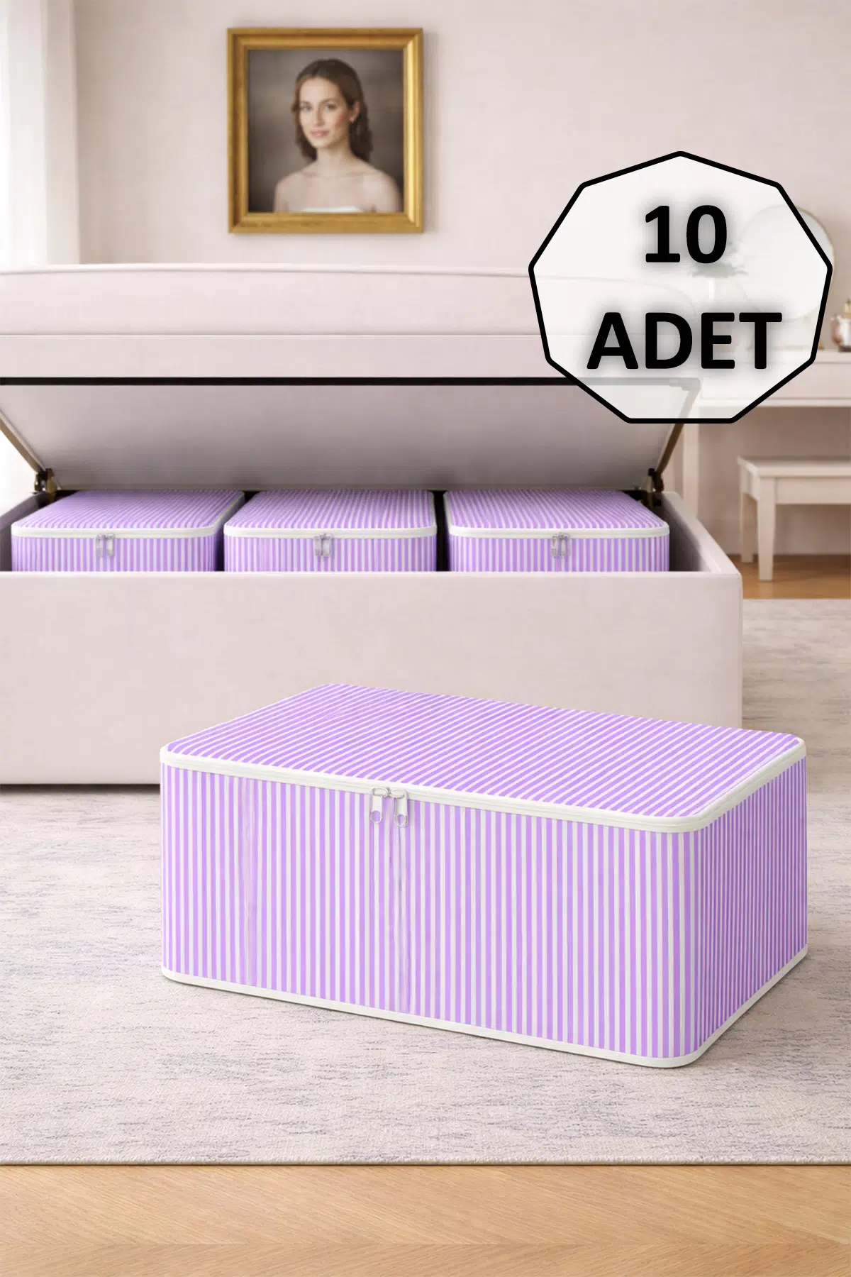 10' lu Çizgili Hurç 62x37x25 cm Dolap İçi Düzenleyici Kumaş Depolama Çantası - Lila
