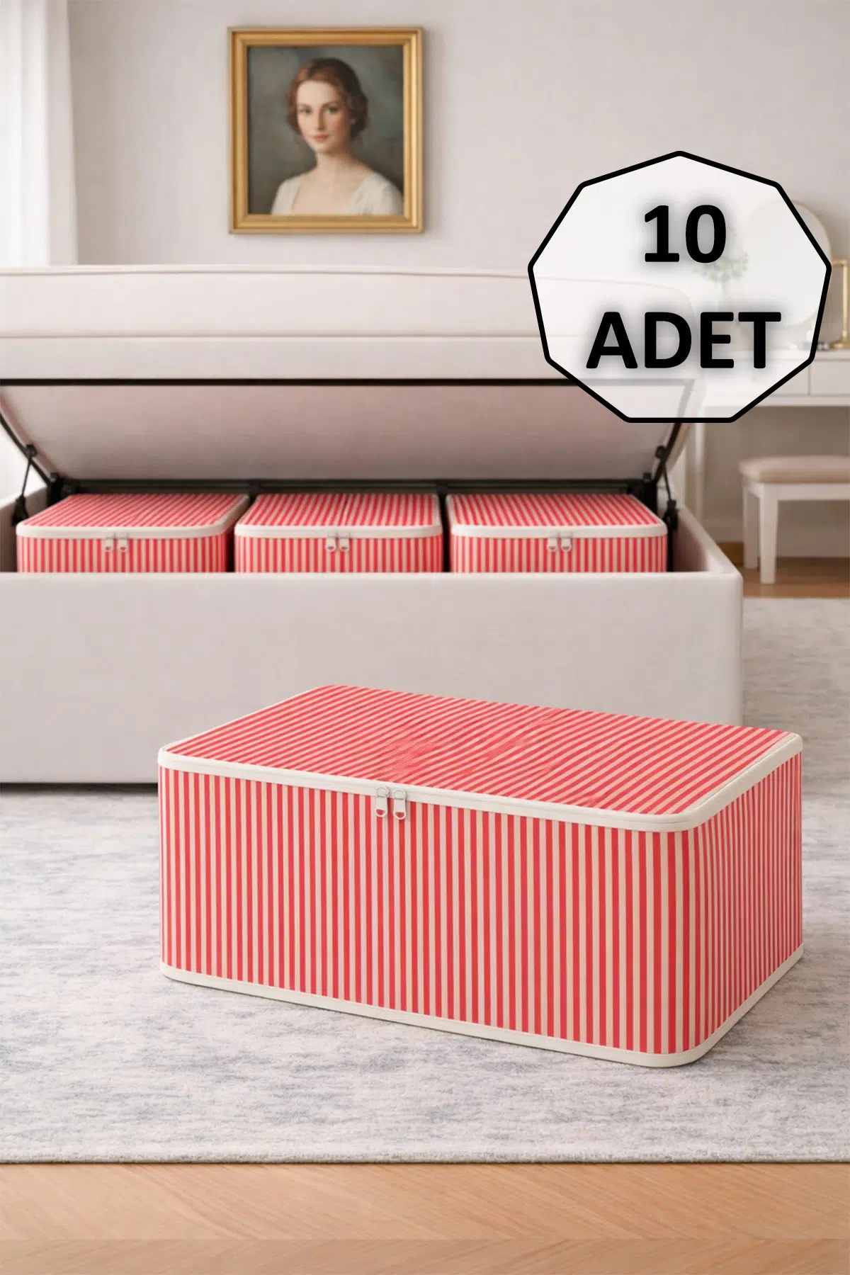 10' lu Çizgili Hurç 62x37x25 cm Dolap İçi Düzenleyici Kumaş Depolama Çantası - Kırmızı