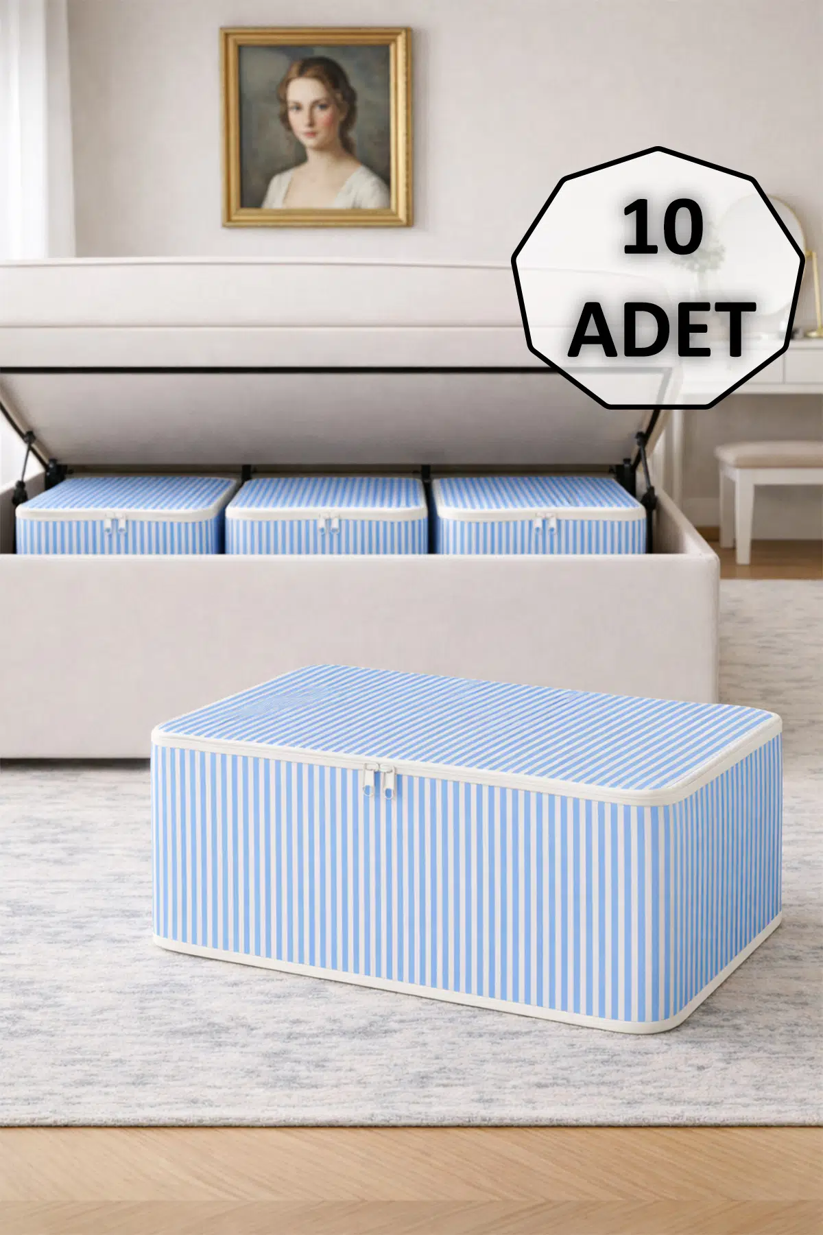 10' lu Çizgili Hurç 62x37x25 cm Dolap İçi Düzenleyici Kumaş Depolama Çantası - Mavi